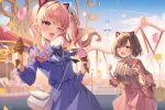  1girl 1other akiyama_mizuki amusement_park animal_ear_hairband animal_ears blue_bow blue_bowtie blue_dress blue_sky blush bow bowtie brown_hair brown_shirt carousel cat_ear_hairband cat_ears cellphone clenched_hand collared_shirt commentary_request cowboy_shot dress fake_animal_ears ferris_wheel fountain gin_(gin937) hairband highres holding holding_ice_cream_cone holding_phone ice_cream_cone long_hair long_sleeves looking_at_another one_eye_closed open_mouth outdoors phone pink_bag pink_eyes pink_hair pink_skirt project_sekai roller_coaster shinonome_ena shirt short_hair side_ponytail skirt sky teeth upper_teeth_only wavy_hair white_bag 