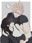  1boy 1girl armor bare_shoulders black_hair blonde_hair blush cloud_strife couple crop_top cuddling earrings final_fantasy final_fantasy_vii final_fantasy_vii_remake gloves heart highres jewelry long_hair looking_at_another mercy_(myrrcy) shoulder_armor sleeping sleeping_on_person sleeveless sleeveless_turtleneck speech_bubble spiked_hair suspenders sweater tank_top tifa_lockhart turtleneck turtleneck_sweater white_tank_top 