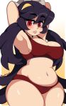 1girl armpits arms_up belly blush border bow bow_panties bra breasts cleavage commentary english_commentary filia_(skullgirls) gradient gradient_background hair_between_eyes half-closed_eyes highres large_breasts long_hair navel outside_border panties plump purple_bow purple_hair red_bra red_eyes red_panties samson_(skullgirls) shiny shiny_skin simple_background skullgirls sports_bra stomach thick_thighs thighs toonigal underwear very_long_hair white_border wide_hips 