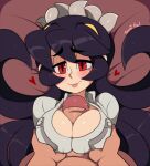  1boy 1girl :p artist_name blush breast_grab breasts cleavage cleavage_cutout clothing_cutout commentary english_commentary filia_(skullgirls) grabbing half-closed_eyes heart hetero highres large_breasts lips long_hair looking_at_viewer paizuri paizuri_under_clothes penis pov pov_crotch purple_hair red_eyes samson_(skullgirls) signature simple_background skullgirls smile solo_focus thick_eyebrows tongue tongue_out toonigal uncensored 