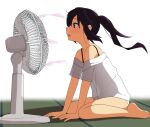  1girl bangs black_hair blush brown_eyes commentary electric_fan from_side highres k-on! long_hair nakano_azusa open_mouth solo sweat symbol-only_commentary tatami teeth tennosuke_(tejons) twintails upper_teeth 