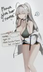  1girl absurdres breasts chyan cleavage closed_eyes english_text engrish_text error grey_hair highres holding holding_sign large_breasts long_hair original pointy_ears ponytail ranguage sign smile solo spoken_sweatdrop sweatdrop typo 