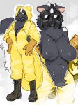  &lt;3 2022 anthro biped black_body black_fur black_nipples bodily_fluids breasts cleavage clothed clothing crotch_tuft digital_media_(artwork) female fur gas_mask hazmat_suit hi_res kame_3 mammal mask mephitid multicolored_body multicolored_fur navel neck_tuft nipples simple_background skunk solo sweat tuft two_tone_body two_tone_fur white_background white_body white_fur 