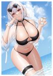 1girl absurdres azur_lane bangs bare_shoulders bikini black_bikini blue_sky breasts chichikoucha collarbone eyewear_on_head hand_up heart heart-shaped_eyewear highres large_breasts long_sleeves looking_at_viewer navel o-ring o-ring_bikini official_alternate_costume outdoors parted_lips partially_submerged red_eyes see-through sirius_(azur_lane) sirius_(scorching-hot_seirios)_(azur_lane) sky smile sunglasses swimsuit thigh_strap thighs water white_hair 