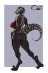 2025 anthro anus biped border bottomless bottomless_anthro bottomless_female bra bra_only breasts butt claws clothed clothed_anthro clothed_female clothing digital_media_(artwork) feet female finger_claws fingers green_eyes green_sclera grey_body grey_tail hi_res katfishcom looking_at_viewer looking_back looking_back_at_viewer markings partially_clothed partially_clothed_anthro partially_clothed_female rear_view scalie simple_background solo standing striped_markings striped_tail stripes tail tail_markings toe_claws toes underwear underwear_only white_border