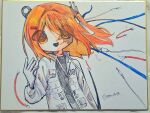  1girl a.i._voice adachi_rei audio_jack cable floating_hair hand_up hatching_(texture) highres jacket long_hair looking_at_viewer open_clothes open_jacket open_mouth orange_eyes orange_hair shikishi signature smile sn_(sn_utu00) solo traditional_media upper_body utau white_background white_jacket 