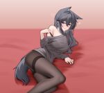  1girl absurdres alter_kamerade alternate_costume animal_ears arknights ass bare_shoulders black_hair black_nails black_pantyhose black_sweater black_tail blush chinese_commentary commentary_request crossed_bangs drunk feet_out_of_frame fingernails hair_between_eyes heterochromia highres jewelry legs long_hair looking_at_viewer lying nail_polish off_shoulder on_side pantyhose parted_lips partial_commentary purple_eyes ring solo squeans strap_slip sweater tail texas_(arknights) wolf_ears wolf_girl wolf_tail yellow_eyes 