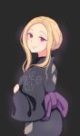  1girl black_background black_kimono blonde_hair closed_mouth commentary_request gradient_background hair_bun highres japanese_clothes kimono kitagawa_marin long_sleeves looking_at_viewer obi osage_gankyou pink_eyes sash short_hair_with_long_locks solo sono_bisque_doll_wa_koi_wo_suru wide_sleeves 
