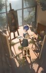  2girls absurdres ayanami_rei black_socks blue_hair closed_mouth dress grey_dress hair_between_eyes highres holding holding_paint_palette kino_(user_scft3885) kneehighs looking_at_viewer mona_lisa multiple_girls neon_genesis_evangelion paint_palette painting_(object) red_eyes red_ribbon ribbon shirt shoes short_hair short_sleeves socks solo_focus white_shirt white_shoes 