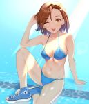  1girl arm_support bikini blue_bikini blue_footwear breasts brown_eyes brown_hair cleavage etsutsuni highres idolmaster idolmaster_cinderella_girls looking_at_viewer medium_breasts mizuki_seira open_mouth round_teeth shoes short_hair sitting smile sneakers solo swimsuit teeth upper_teeth 