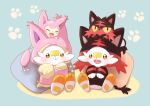  blush closed_eyes clothed_pokemon gokuaku_rabbit hat highres litten no_humans on_head open_mouth orange_eyes pillow pokemon pokemon_(creature) scorbunny simple_background skitty smile 
