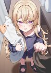  1girl absurdres blonde_hair cat-shaped_pillow clothes_tug commentary counter:side felicette_(counter:side) from_above hair_between_eyes half_updo hallway highres holding holding_pillow indoors jinggun light_blush long_hair looking_at_viewer looking_up open_mouth pillow purple_eyes purple_shirt shelf shirt single_off_shoulder slippers standing tearing_up vase very_long_hair wavy_mouth 