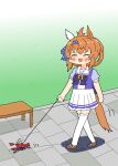 :d animal_ears ashitaba_tomorou bench blush chibi closed_eyes commentary_request crayfish ear_covers from_side full_body furioso_(umamusume) grass hair_ribbon holding holding_leash horse_ears horse_girl horse_tail horseshoe_ornament leash orange_hair pet pet_walking ribbon school_uniform shadow shoes single_ear_cover sketch skirt smile tail tail_ornament tail_ribbon thighhighs tracen_school_uniform umamusume walking 