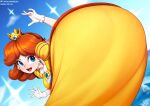  1girl bent_over blue_eyes brooch brown_hair crown dress earrings eyelashes flipped_hair flower_brooch flower_earrings frilled_gloves frills gloves gold_crown highres jewelry mario_(series) medium_hair neocoill open_mouth orange_dress outdoors parted_bangs pointed_crown princess princess_daisy puffy_short_sleeves puffy_sleeves short_sleeves white_gloves yellow_dress 