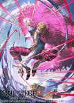  1boy black_shoes blonde_hair commentary_request copyright_name donquixote_doflamingo evil_smile full_body leg_hair male_focus namahamu913 official_art one_piece one_piece_card_game outdoors shirt shoes short_hair smile solo string sunglasses white_shirt 