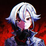  1girl arlecchino_(genshin_impact) black_eyes black_gloves black_hair chromatic_aberration closed_mouth genshin_impact gloves hair_between_eyes highres kourimizu_suika looking_at_viewer multicolored_hair portrait red_lips red_pupils short_hair solo symbol-shaped_pupils two-tone_hair white_hair x-shaped_pupils 