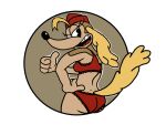  4_fingers alpha_channel anthro big_breasts big_butt black_eyes blonde_hair bra breasts brown_background brown_body brown_fur butt canid canine canis clothing cuphead_(game) domestic_dog edit eyelashes female fingers fur gesture hair hand_on_hip hat headgear headwear hunting_dog looking_at_viewer looking_back looking_back_at_viewer mammal military_hat open_mouth panties pilot_saluki_(cuphead) rear_view red_bra red_clothing red_hat red_headwear red_panties red_underwear saluki side_boob sighthound simple_background solo tan_body tan_fur thumbs_up transparent_background underwear video_games warioanon yellow_tail 