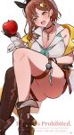  1girl apple ass atelier_(series) atelier_ryza breasts brown_eyes brown_hair cleavage collared_shirt fang food fruit gloves hair_behind_ear hair_ornament hairclip hat highres holding holding_food holding_fruit jewelry kaninoko large_breasts necklace open_mouth red_shorts reisalin_stout shirt short_hair shorts single_thighhigh solo thick_thighs thighhighs thighlet thighs 