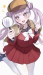  +_+ 1girl :d black_shoes breasts brown_hat capelet commentary_request deerstalker foot_out_of_frame hat highres holding holding_magnifying_glass long_hair magnifying_glass open_mouth plaid_capelet plaid_clothes pleated_skirt purple_eyes purple_hair red_serafuku red_shirt red_skirt school_uniform serafuku shirt shoes simple_background single_sidelock skirt smile solo sparkle the_hundred_line_-last_defense_academy- tsukumo_kako twintails ura_(hamburg_oniku) white_background 