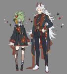  1boy 1girl alternate_costume arataki_itto asymmetrical_legwear black_dress black_footwear black_sweater black_thighhighs dress ear_piercing floral_print flower full_body genshin_impact green_eyes green_hair grey_background grin hair_between_eyes hair_flower hair_ornament hand_on_hip highres horns jacket jewelry kuki_shinobu long_hair long_sleeves mask mouth_mask necklace pants papajay_(jennygin2) piercing pointy_ears red_flower simple_background single_sock single_thighhigh smile socks sparkle standing striped striped_legwear sweater symbol-only_commentary thigh_strap thighhighs turtleneck turtleneck_sweater very_long_hair white_footwear 