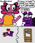 alternative_fashion amphibian anthro axolotl bright_colors choker comic dialogue duo english_text eyelashes female female/female gastropod gills goth guillotine heart_symbol ilsa_(roxyreviews) jewelry kissing marine mole_salamander mollusk nadine_(roxyreviews) necklace purple_sea_snail roxyreviews salamander shell simple_background smile snail teeth text thought_bubble toony trans_(lore) trans_woman_(lore) white_background