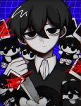  1boy antenna_hair bags_under_eyes black_eyes black_hair black_sweater_vest blue_background character_doll chromatic_aberration closed_mouth collared_shirt doll double-parted_bangs empty_eyes film_grain frown grid_background hair_behind_ear hair_between_eyes hand_up highres holding holding_knife knife male_focus no_pupils omori omori_(omori) pale_skin photo_(object) reverse_grip shirt short_hair simple_background solo straight-on sunny_(omori) sweater_vest u_donburi upper_body vignetting white_shirt 
