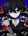  1boy antenna_hair bags_under_eyes black_eyes black_hair black_sweater_vest blue_background character_doll chromatic_aberration closed_mouth collared_shirt doll double-parted_bangs empty_eyes film_grain frown grid_background hair_behind_ear hair_between_eyes hand_up highres holding holding_knife knife male_focus no_pupils omori omori_(omori) pale_skin photo_(object) reverse_grip revision shirt short_hair simple_background solo straight-on sunny_(omori) sweater_vest u_donburi upper_body vignetting white_shirt 