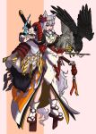  1girl alternate_costume animal_ears armor arrow_(projectile) bangs bird cape chinese_zodiac commentary_request eagle full_body fur_cape geta gold hair_between_eyes highres hitodama holding holding_sword holding_weapon inubashiri_momiji japanese_armor japanese_clothes jewelry kimono kote looking_at_viewer magatama magatama_necklace mask muneate necklace netherred open_mouth pom_pom_(clothes) red_eyes red_footwear short_hair socks solo standing sword tabi tail talisman tengu-geta touhou weapon white_hair white_kimono white_socks wolf_ears wolf_girl wolf_tail year_of_the_ox 