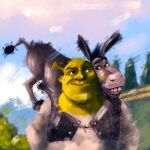 2020 absurd_res asinus bald black_clothing black_eyebrows black_hooves black_mane black_tail_tuft black_topwear black_vest blue_sky brown_eyes carrying_another closed_smile clothed clothed_humanoid clothed_male clothing cloud colored digital_media_(artwork) digital_painting_(artwork) donkey donkey_(shrek) dreamworks duo english_description equid equine eyebrows feral fur green_body green_skin grey_body grey_fur grey_tail hi_res hooves humanoid larger_humanoid larger_male light lighting long_ears male male_feral male_humanoid mammal mane mouth_closed multicolored_body multicolored_fur ogre on_shoulders outside painting_(artwork) plant razwy3 shaded shirt short_mane shrek_(character) shrek_(series) shrub size_difference sky smaller_feral smaller_male smile smiling_at_another smiling_at_each_other tail tail_tuft toothy_smile topwear tree tuft two_tone_body two_tone_fur unguligrade vest white_clothing white_shirt white_topwear