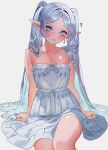  1girl ? aegyo_sal bare_arms bare_shoulders blue_eyes chromatic_aberration closed_mouth collarbone commentary dress earrings elf feet_out_of_frame frieren highres jewelry long_hair looking_at_viewer parted_bangs pointy_ears sanya_(sanya_lox228) sidelocks simple_background sitting solo sousou_no_frieren strapless strapless_dress twintails very_long_hair white_background white_dress 