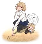  2girls antenna_hair arcueid_brunestud black_pantyhose blonde_hair blue_skirt breasts full_body highres hirakawa jewelry large_breasts miniskirt multiple_girls neco-arc neco_spirit pantyhose pendant red_eyes short_hair simple_background skirt squatting sweater tsukihime tsukihime_(remake) white_background white_sweater 