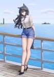  1girl absurdres alter_kamerade animal_ears arknights belt black_belt black_hair black_shoes black_tail blue_necktie blue_shorts buttons chinese_commentary cloud collared_shirt commentary_request day dress_shirt full_body hair_between_eyes high_heels highres horizon lighthouse long_hair military_vehicle necktie no_socks ocean outdoors parted_lips partial_commentary railing ship shirt shoes shorts sleeves_pushed_up smile solo tail texas_(arknights) warship water watercraft white_shirt wind wolf_ears wolf_girl wolf_tail yellow_eyes 