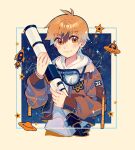  +_+ 1boy ahoge artist_name blonde_hair bomber_jacket border brown_jacket child commentary constellation cropped_torso david_(lalin's_curse) eyes_visible_through_hair goggles goggles_around_neck gradient_hair hair_between_eyes highres holding holding_telescope hood hoodie isakysaku jacket lalin's_curse long_sleeves looking_at_viewer male_focus multicolored_hair open_clothes open_jacket patch rocket_ship saturn_(planet) short_hair smile solo spacecraft star_(sky) symbol-only_commentary telescope ufo upper_body yellow_background yellow_eyes 