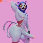 3d_(artwork) anthro asian_mythology balls big_butt biped black_nose blue_hood butt camseven cybernetic_hand cybernetics digital_media_(artwork) east_asian_mythology empty_eyes epic_games erection fangs felid forked_tail fortnite fur furgonomic_headwear furgonomic_hood furgonomics genitals glans hand_behind_head hand_on_leg hand_on_own_leg hand_on_own_thigh hand_on_thigh hi_res hood_only japanese_mythology machine male mammal multicolored_body multicolored_fur mythology navel nekomata nipples nyanja_(fortnite) open_mouth patreon patreon_logo penis pink_background pink_inner_ear red_body red_fur simple_background solo tail teeth two_tone_body two_tone_fur unusual_anatomy unusual_tail vein veiny_penis whiskers white_body white_fur yellow_eyes yokai