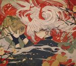  bags_under_eyes black_kimono bright_pupils demon_horns flower hair_between_eyes highres holding holding_skull horns japanese_clothes kimono light_smile long_hair looking_at_viewer original parted_lips red_background red_eyes red_nails skull washiya0 white_hair 