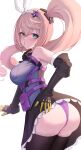  1girl absurdres ass bare_shoulders black_skirt black_thighhighs blonde_hair blush bow bow_hairband breasts doryfish from_behind girls&#039;_frontline girls&#039;_frontline_2:_exilium hairband highres leaning_forward looking_at_viewer panties puckered_lips purple_panties sharkry_(girls&#039;_frontline_2) side_ponytail simple_background skirt solo star_(symbol) star_in_eye symbol_in_eye thighhighs thighs twisted_torso underwear white_background white_bow white_hairband 