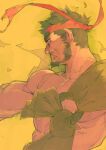  1boy brown_eyes brown_hair drooling facial_hair fighting_stance headband highres japanese_clothes looking_away muscular muscular_male red_headband ryu_(street_fighter) saliva sketch street_fighter street_fighter_6 tears tekito03 upper_body yellow_background 