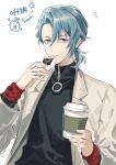  1boy absurdres bishounen blue_eyes blue_hair dorandoran drink formal highres holding holding_drink idolish_7 long_sleeves looking_at_viewer low_ponytail male_focus medium_hair solo suit white_background yotsuba_tamaki 