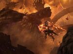  battle clenched_teeth cloud cloudy_sky final_fantasy final_fantasy_xvi fire gal_or horns ifrit_(final_fantasy) incoming_attack incoming_punch lightning magic:_the_gathering midair monster official_art punching sky tail teeth tentacles titan_(final_fantasy) titan_lost 