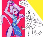 accessory anthro asian_clothing chinese_clothing chinese_dress clothing domestic_cat dress east_asian_clothing felid feline felis femboy hair hair_accessory male mammal pawpads purple_body purple_hair solo stu_(artist)