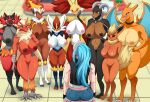 abirdeer absurd_res akeno_(itsnafulol) angry annoyed anthro arm_under_breasts big_breasts black_body black_eyes black_fur blaziken blue_eyes blue_hair blush bodily_fluids bottomwear breasts brown_body brown_eyes brown_fur canid canine charizard cinderace claws clothing crossed_arms delphox dragon eeveelution female female/female fire flareon fox fur generation_1_pokemon generation_2_pokemon generation_3_pokemon generation_4_pokemon generation_6_pokemon generation_7_pokemon generation_8_pokemon genitals green_eyes group hair hand_on_hip haplorhine hi_res houndoom human human_on_anthro incineroar infernape interspecies inverted_nipples lagomorph leporid mammal monkey multicolored_body multicolored_fur mythological_creature mythological_scalie mythology nervous nervous_sweat nintendo nipples orange_body orange_fur pokemon pokemon_(species) pokephilia ponytail primate pussy rabbit red_body red_eyes red_fur scalie shorts sweat tail thick_thighs toe_claws white_body white_fur wide_hips wings worried yellow_body yellow_fur