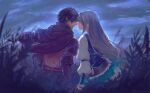  1boy 1girl armor beard beard_stubble black_cape black_hair cape chinstrap_beard clive_rosfield couple facial_hair final_fantasy final_fantasy_xvi grass grey_hair highres holding_hands imminent_kiss jill_warrick leather_vest long_hair low-tied_long_hair night robean_(birbtactician) stubble 