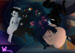 anthro big_breasts bodily_fluids breasts butt cuddling digital_media_(artwork) domestic_cat felid feline felis female female/female fur genital_fluids genitals group group_nudity hair human lying mae_borowski mammal night_in_the_woods nipples nude poking pussy simple_background tail wolfbaloo