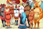 abirdeer absurd_res akeno_(itsnafulol) angry annoyed anthro arm_under_breasts big_breasts black_body black_eyes black_fur blaziken blue_eyes blue_hair blush bodily_fluids bottomwear breasts brown_body brown_eyes brown_fur canid canine charizard cinderace claws clothing crossed_arms delphox dragon eeveelution felid feline female female/female fire flareon fox fur generation_1_pokemon generation_2_pokemon generation_3_pokemon generation_4_pokemon generation_6_pokemon generation_7_pokemon generation_8_pokemon genitals green_eyes group gynomorph gynomorph/female hair hand_on_hip haplorhine hi_res houndoom human human_on_anthro incineroar infernape intersex intersex/female interspecies inverted_nipples lagomorph leporid mammal monkey multicolored_body multicolored_fur mythological_creature mythological_scalie mythology nervous nervous_sweat nintendo nipples orange_body orange_fur pokemon pokemon_(species) pokephilia ponytail pregnant pregnant_anthro pregnant_female primate pussy rabbit red_body red_eyes red_fur scalie shorts sweat tail thick_thighs toe_claws white_body white_fur wide_hips wings worried yellow_body yellow_fur