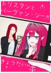  1boy 1girl baobhan_sith_(fate) black_jacket closed_eyes cover cover_page facing_viewer fang fate/grand_order fate_(series) hand_up highres jacket long_hair looking_at_viewer pink_hair pointy_ears red_hair selfie shirt sidelocks smile torinonest tristan_(fate) v white_shirt 