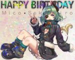  1girl bangs black_coat black_footwear blush boots breasts buttons clothing_cutout coat commentary_request demon_girl demon_horns eyepatch full_body green_eyes green_hair happy_birthday heart honey_strap horns hoshinonedoco long_sleeves looking_at_viewer medium_breasts open_mouth sekishiro_mico short_hair sitting smile solo unbuttoned underboob_cutout v virtual_youtuber 