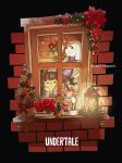  1girl 1other black_background character_doll christmas christmas_ornaments closed_mouth copyright_name english_text frisk_(undertale) goat_girl highres kamezaemon papyrus_(undertale) parted_lips sans_(undertale) smile toriel undertale window 