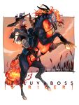  1boy absurdres bombproof_(helluva_boss) boots colored_skin cowboy cowboy_boots cowboy_hat cowboy_western demon_boy demon_horns demon_tail evil_grin evil_smile fire grin gun hat helluva_boss highres holding holding_gun holding_weapon horns horse male_focus red_skin sharp_teeth smile solo striker_(helluva_boss) tail teeth weapon wraith615 