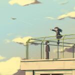  1boy 1girl :d avogado6 black_hair black_pants black_serafuku black_shoes black_skirt black_thighhighs climbing closed_eyes cloud day facing_to_the_side fence gakuran happy happy_tears imminent_suicide long_hair looking_at_another looking_to_the_side on_rooftop open_mouth original outdoors outstretched_arm pants paper_airplane rooftop sailor_collar school school_uniform serafuku shoes short_hair skirt sky smile standing suicide tearing_up tears thighhighs wind 