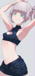  1girl armpits bangs bare_shoulders black_shorts blue_eyes camui1104 cleavage_cutout clothing_cutout eyelashes hair_rings highres looking_at_viewer midriff nanakusa_nazuna_(yofukashi_no_uta) open_clothes open_shorts pink_hair shorts sleeveless yofukashi_no_uta 